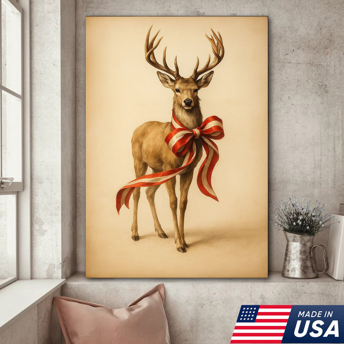 Farmhouse Christmas Deer Canvas Wall Art, Neutral Stag with Red Gift Bow Print