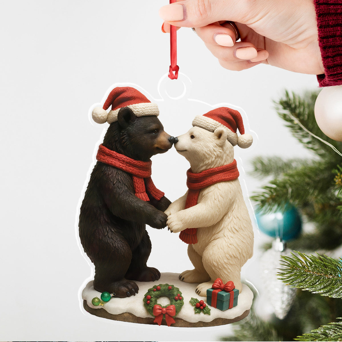 Christmas Bear Couple Figurine Acrylic Ornament – Cute Holiday Decor for Couples, Polar and Brown Bear Love Statue, Romantic Christmas Gift for Him or Her
