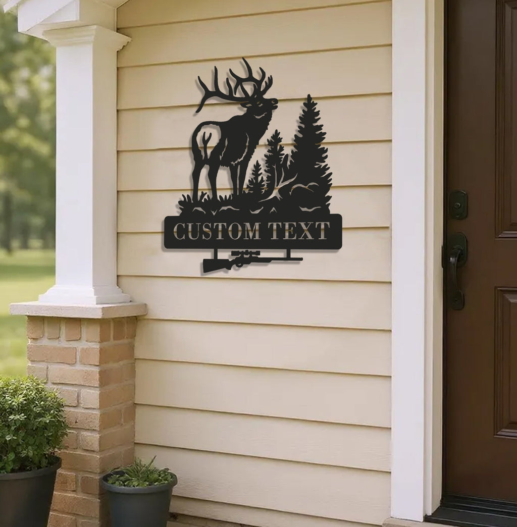 Personalized Elk Hunting Metal Sign WITH LED/WITHOUT LED Light Deer Forest Scene Custom Name Rifle Wall Art Hunter Gift