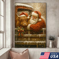 Santa and Highland Cow Christmas Canvas Wall Art, Rustic Farmhouse Holiday Truck Print