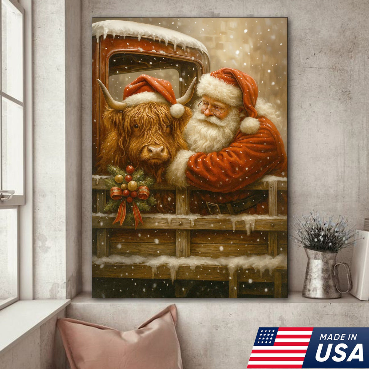 Santa and Highland Cow Christmas Canvas Wall Art, Rustic Farmhouse Holiday Truck Print