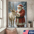 Santa and Reindeer Christmas Canvas Wall Art, Rustic Snowy Forest Holiday Print