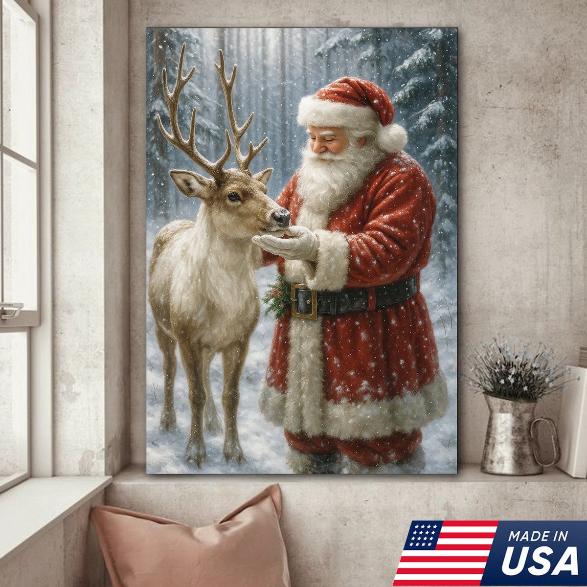 Santa and Reindeer Christmas Canvas Wall Art, Rustic Snowy Forest Holiday Print