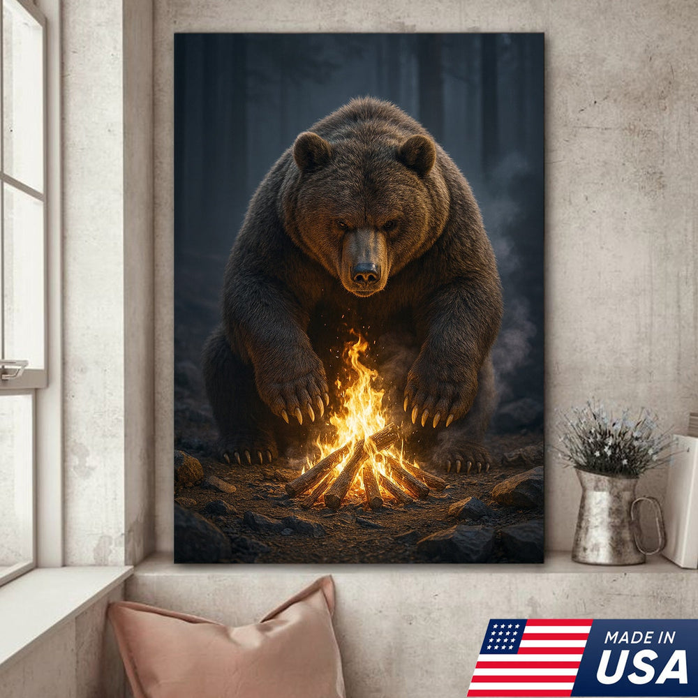 Bear Campfire Christmas Wall Art Canvas – Cozy Winter Wildlife Decor for Cabin