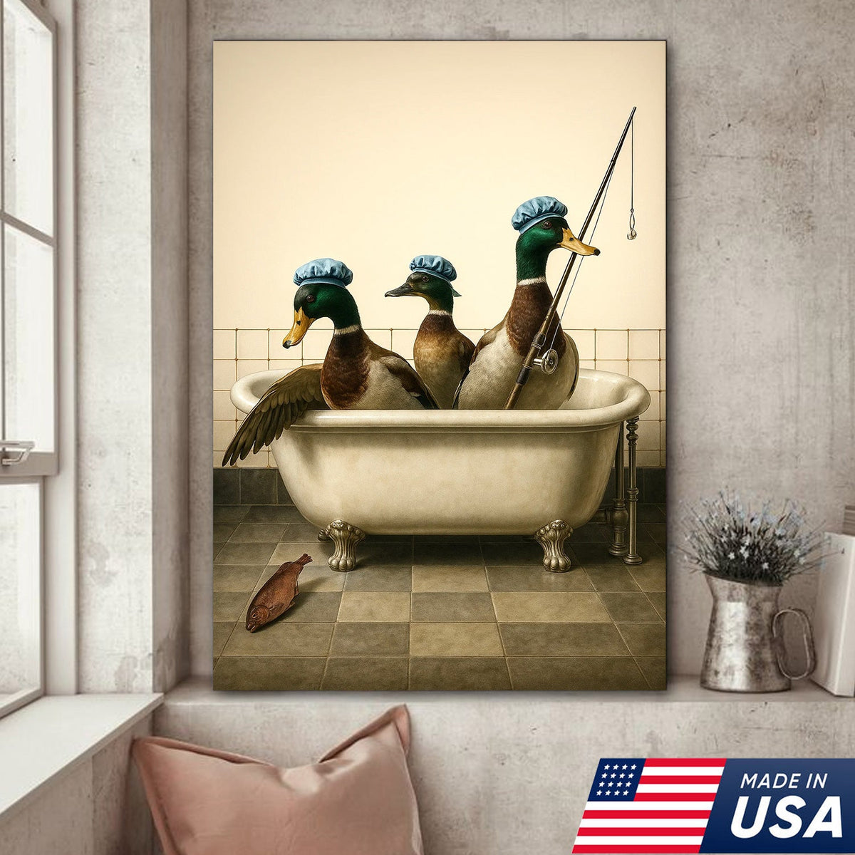 Fishing Ducks Canvas Art – Funny Trio of Ducks in Bathtub with Rod