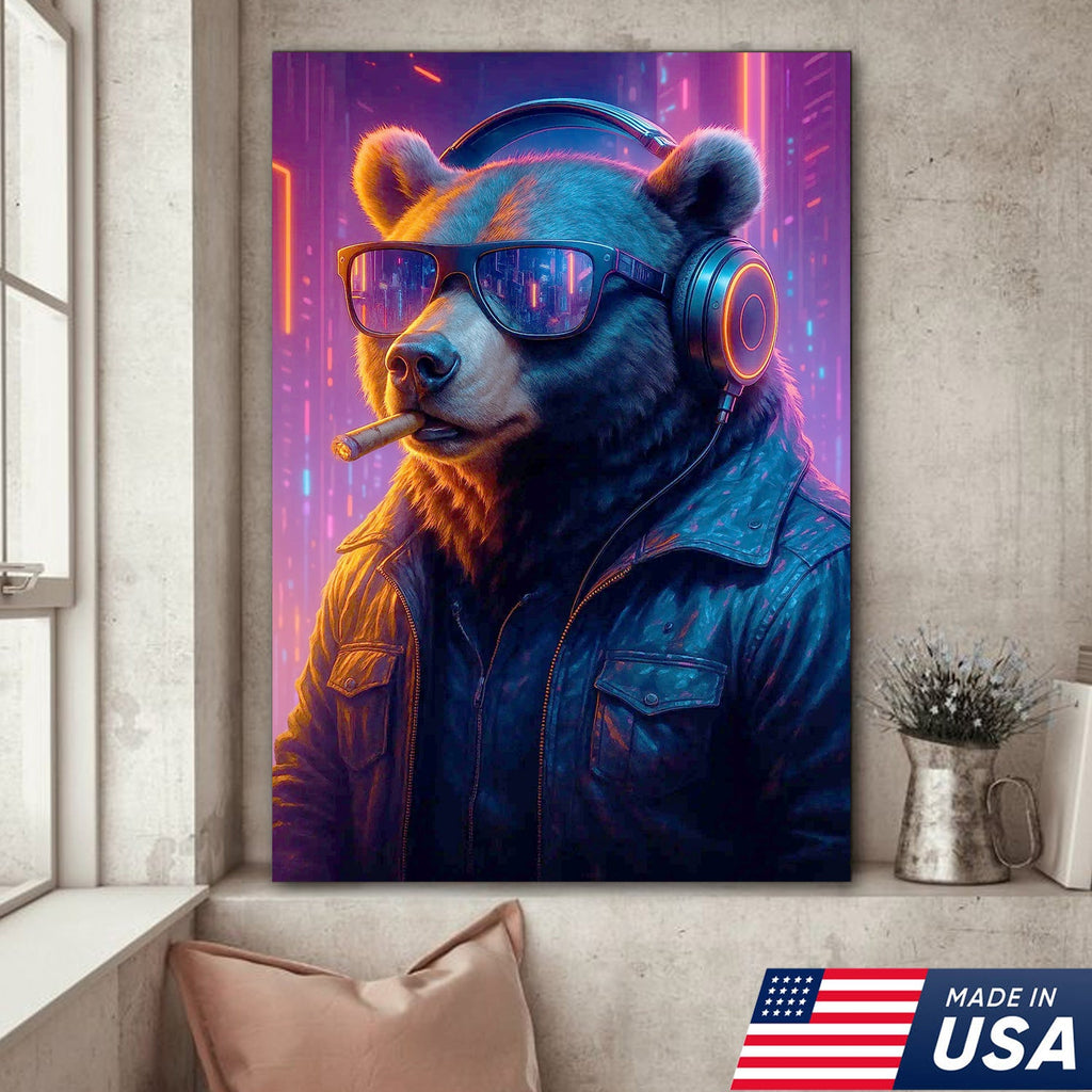 Cyberpunk Bear Wall Art Canvas, Cool DJ Bear with Headphones Neon City Decor