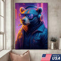Cyberpunk Bear Wall Art Canvas, Cool DJ Bear with Headphones Neon City Decor
