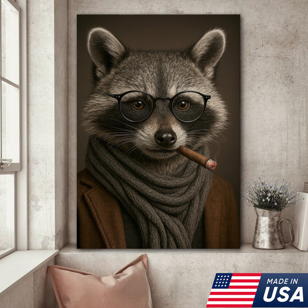 Gentleman Raccoon Cigar Wall Art Canvas – Stylish Animal Portrait for Bar