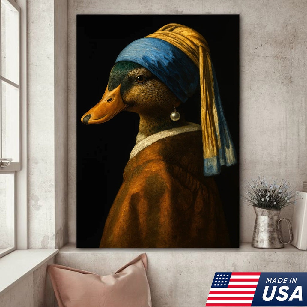 Duck with Pearl Earring Portrait Canvas, Funny Parody Duck Wall Art