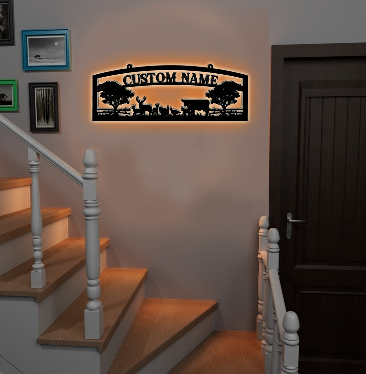 Personalized Farm Metal Sign WITH LED/WITHOUT LED - Rustic Ranch Name Sign with Livestock, Deer & Trees