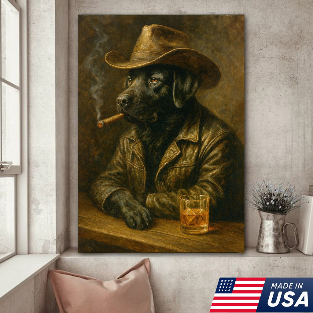 Labrador Cowboy Canvas Wall Art – Rustic Country Dog Print for Hunters
