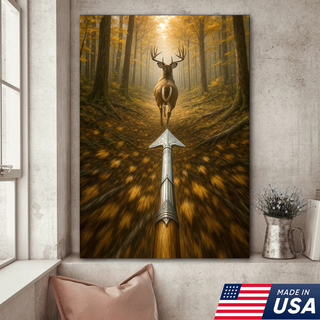 Deer Bow Hunting Canvas Wall Art, Arrowhead Forest Scene Artwork, Rustic Cabin Decor for Hunters