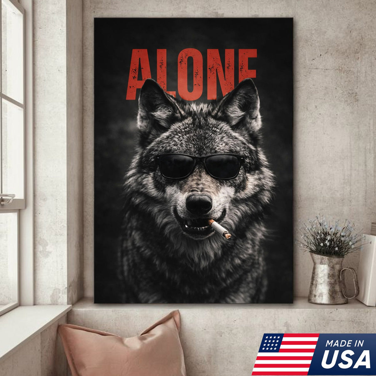 Alpha Lone Wolf Canvas Wall Art, Cool Wolf Portrait with Sunglasses