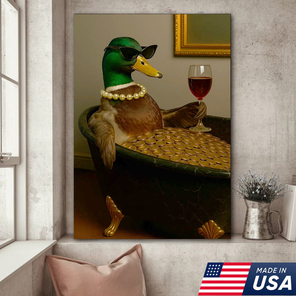 Luxury Duck Canvas Art – Funny Rich Duck in Gold Bathtub, Glam Animal Portrait Wall Decor