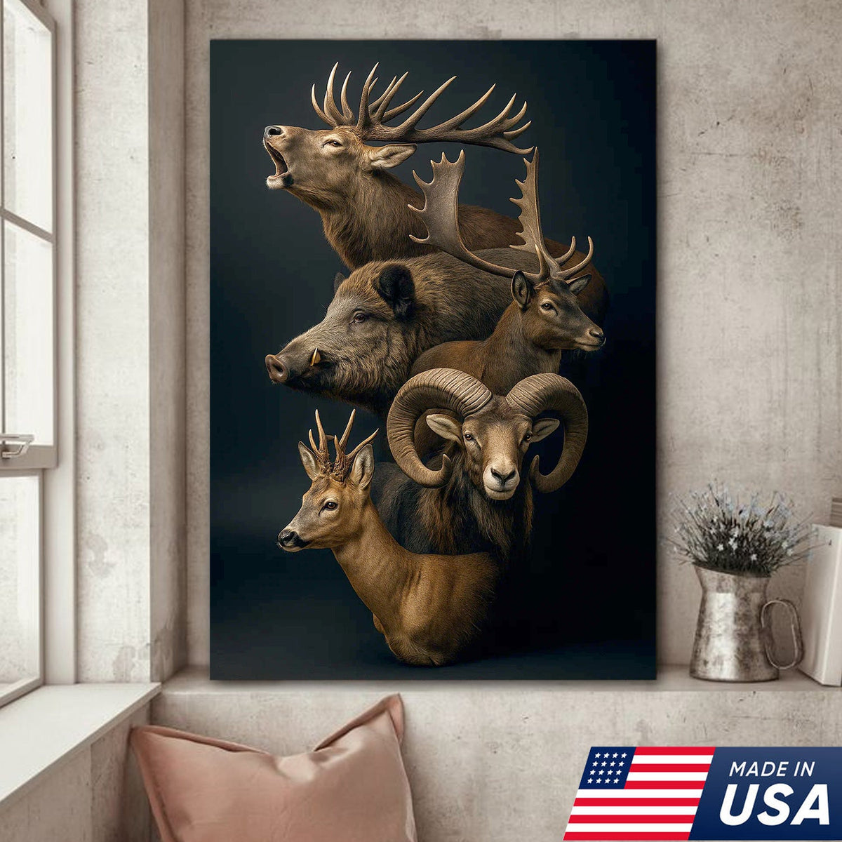 Wild Game Animal Canvas Wall Art, Deer Boar Ram Elk Artwork, Rustic Cabin Decor for Hunters