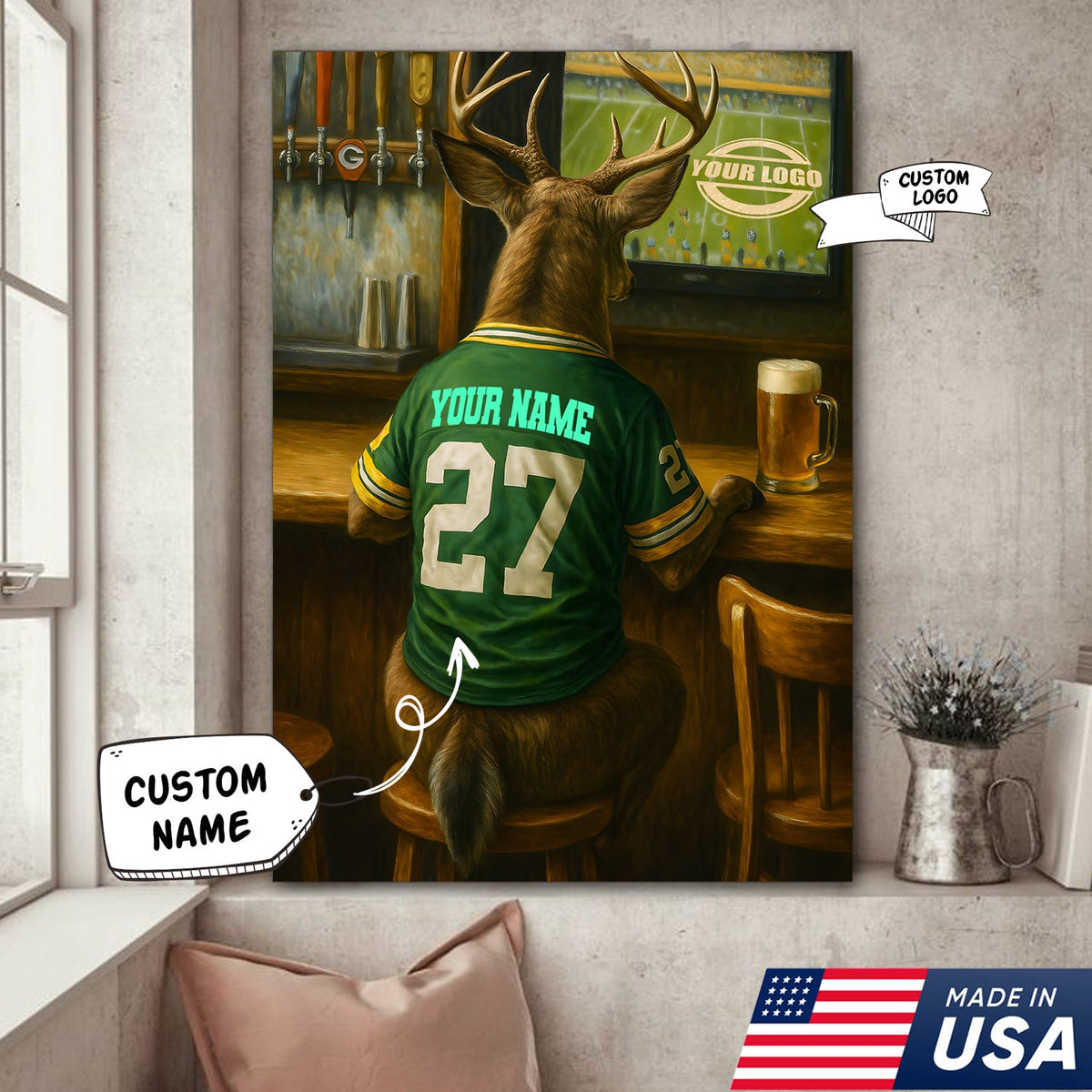Custom Deer Football Canvas Wall Art – Personalized Deer Watching Sports Drinking Funny Sports Bar Decor
