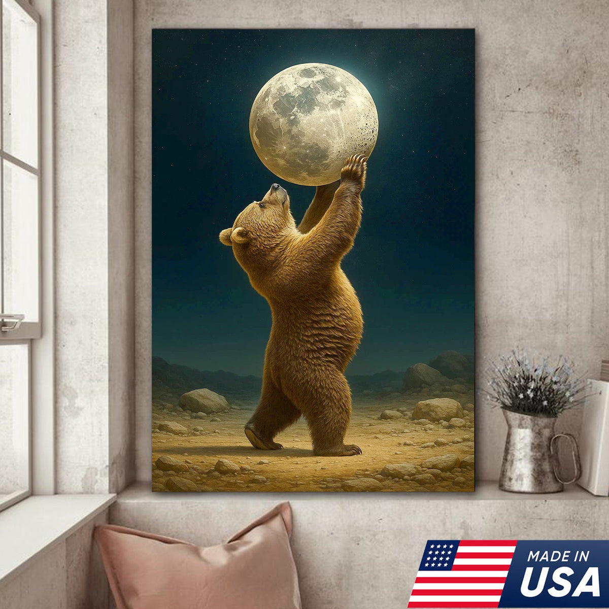 Bear Holding Full Moon Canvas Wall Art, Surreal Night Sky Decor, Rustic Cabin Nature Print