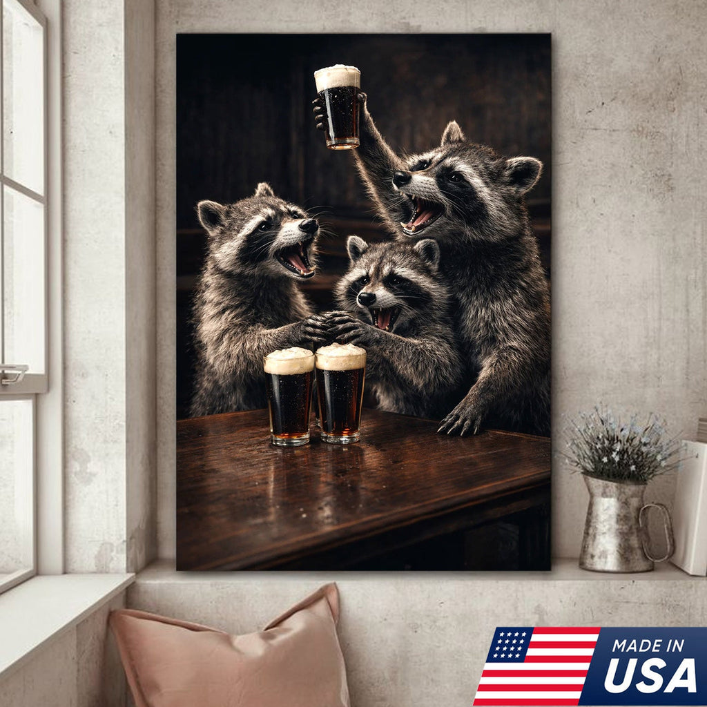 Funny Party Raccoon Wall Art Canvas Print, Wild Friends Celebration Animal Illustration