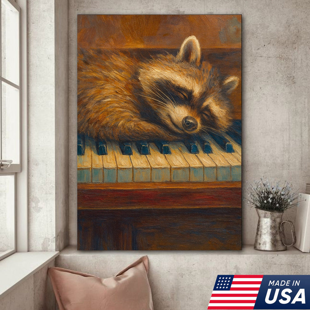 Sleeping Raccoon Wall Art Canvas - Cozy Animal Wall Decor, Cute Raccoon Painting