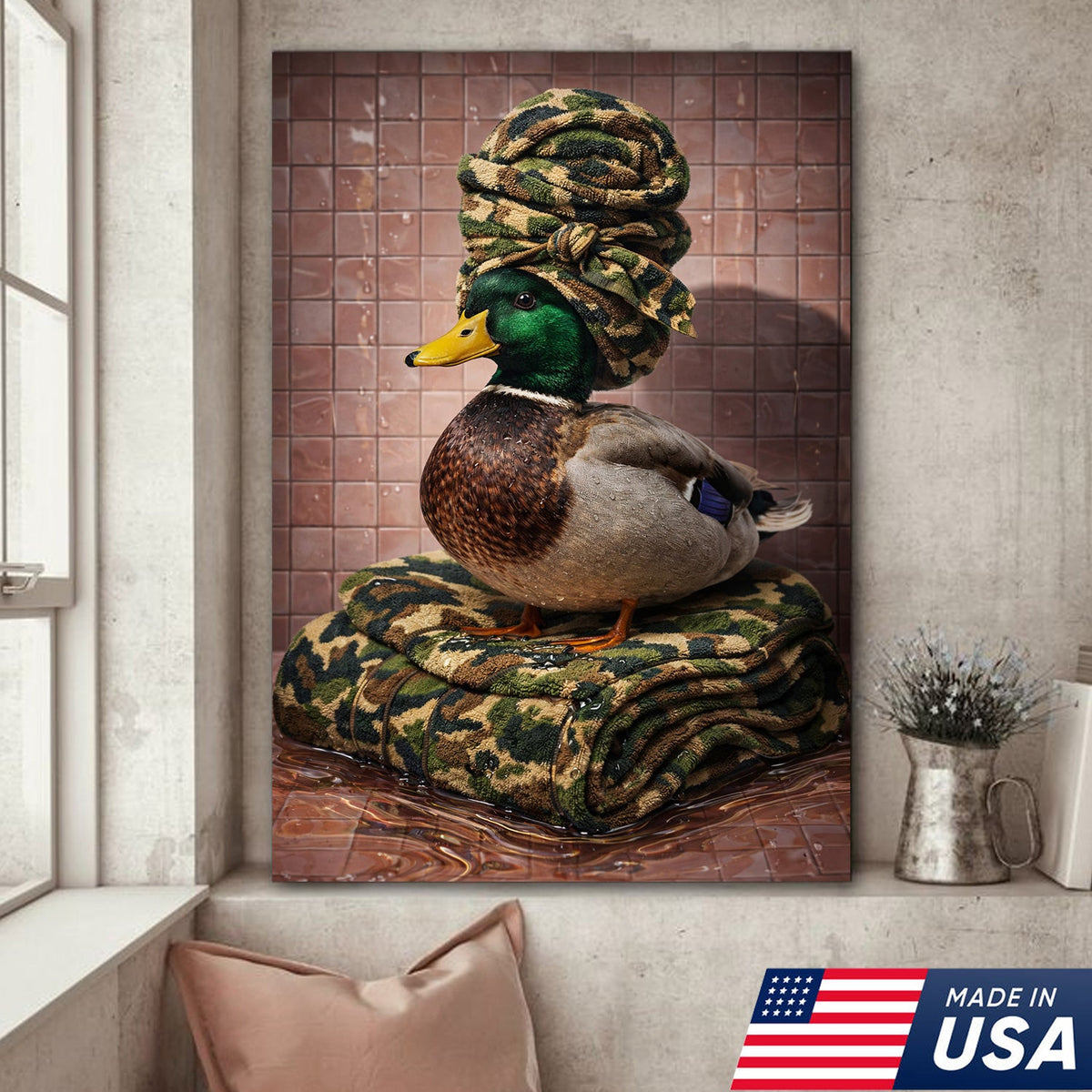 Funny Hunting Duck Bathroom Canvas – Camo Spa Duck Wall Art