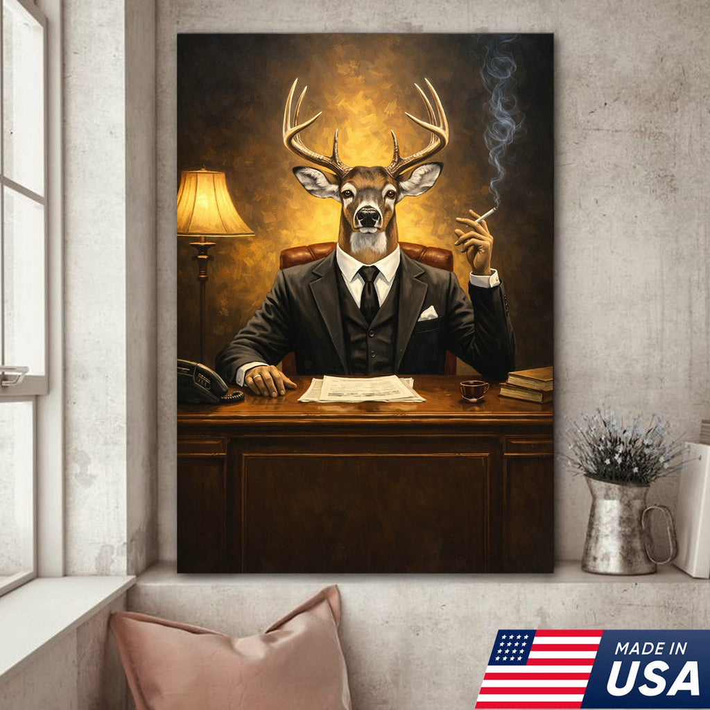 Anthropomorphic Deer Businessman Canvas Wall Art, Surreal Animal Portrait Artwork
