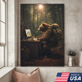 Bear Remote Work Canvas Wall Art, Whimsical Forest Office Animal Illustration