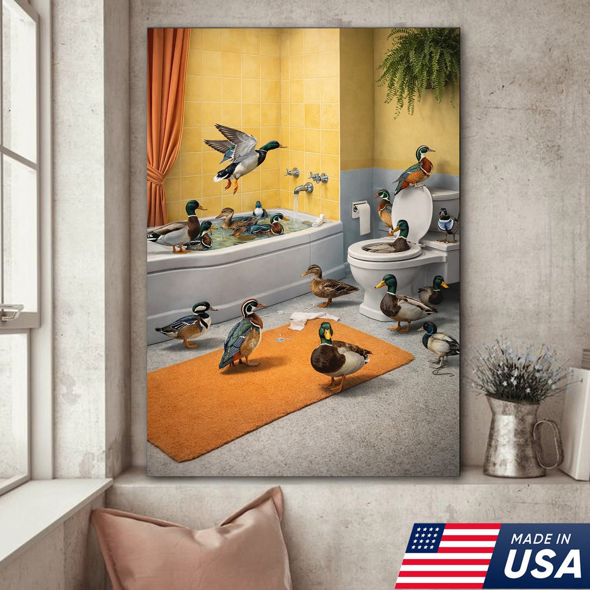 Funny Duck Bathroom Canvas, Farm Animal Wall Art, Quirky Decor