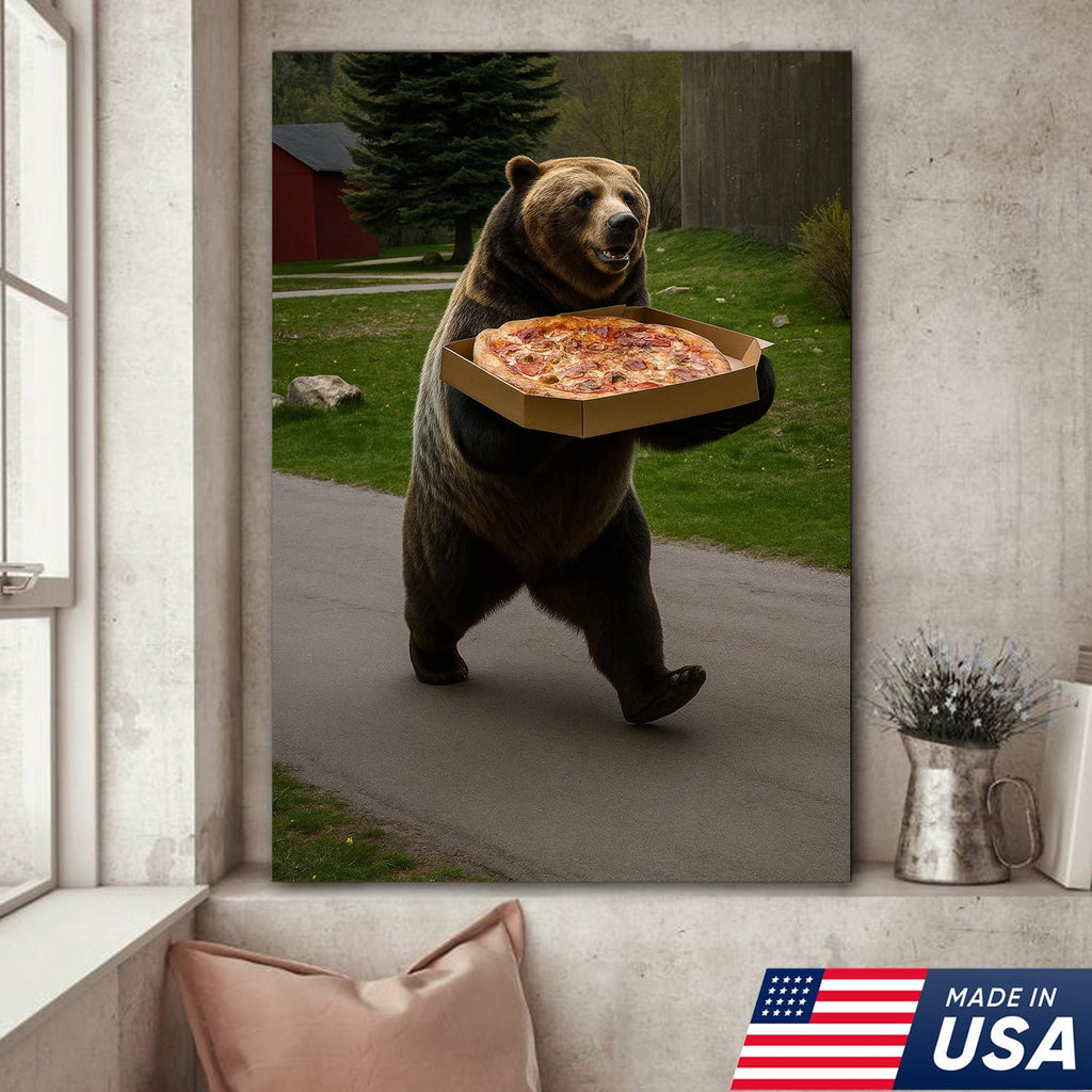 Funny Bear Pizza Canvas Wall Art, Humorous Kitchen Foodie Decor Print