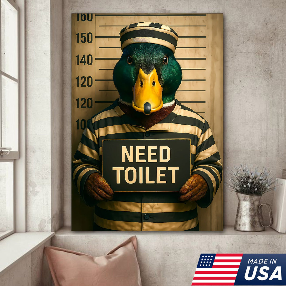 Funny Duck Mugshot Canvas – Bathroom Wall Art for Men, Toilet Humor Decor, Gag Gift Idea