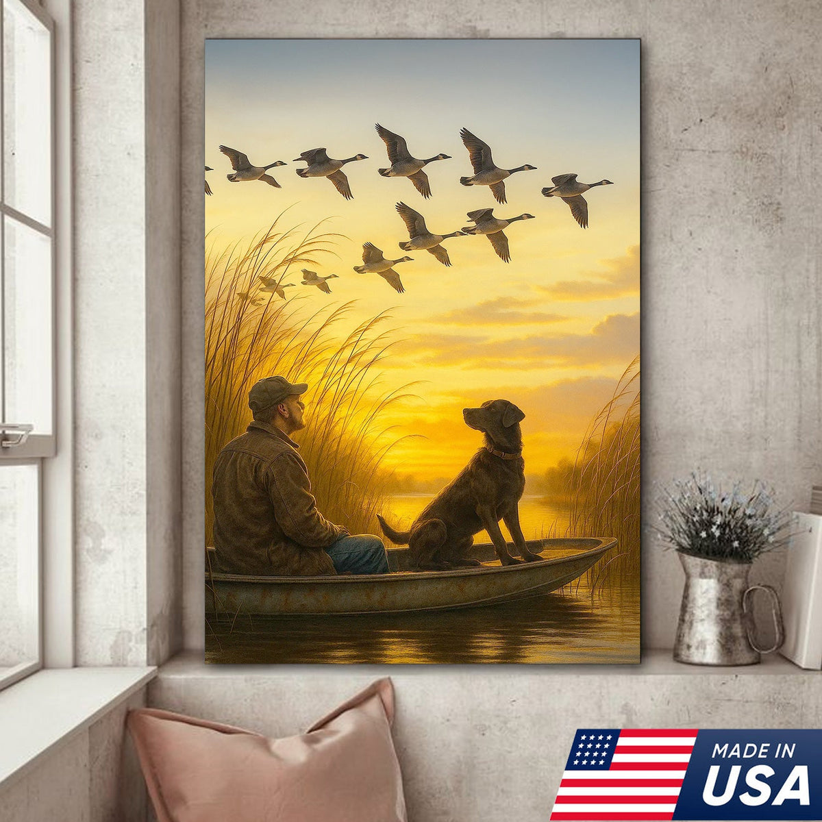 Waterfowl Hunting Wall Art – Duck Flock at Dawn, Hunter & Retriever In Boat, Rustic Decor