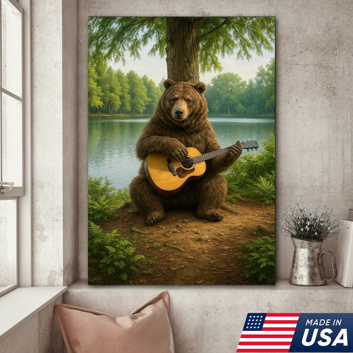 Bear Playing Guitar Canvas Wall Art, Rustic Cabin Lake Decor, Funny Wildlife Music Lover Gift
