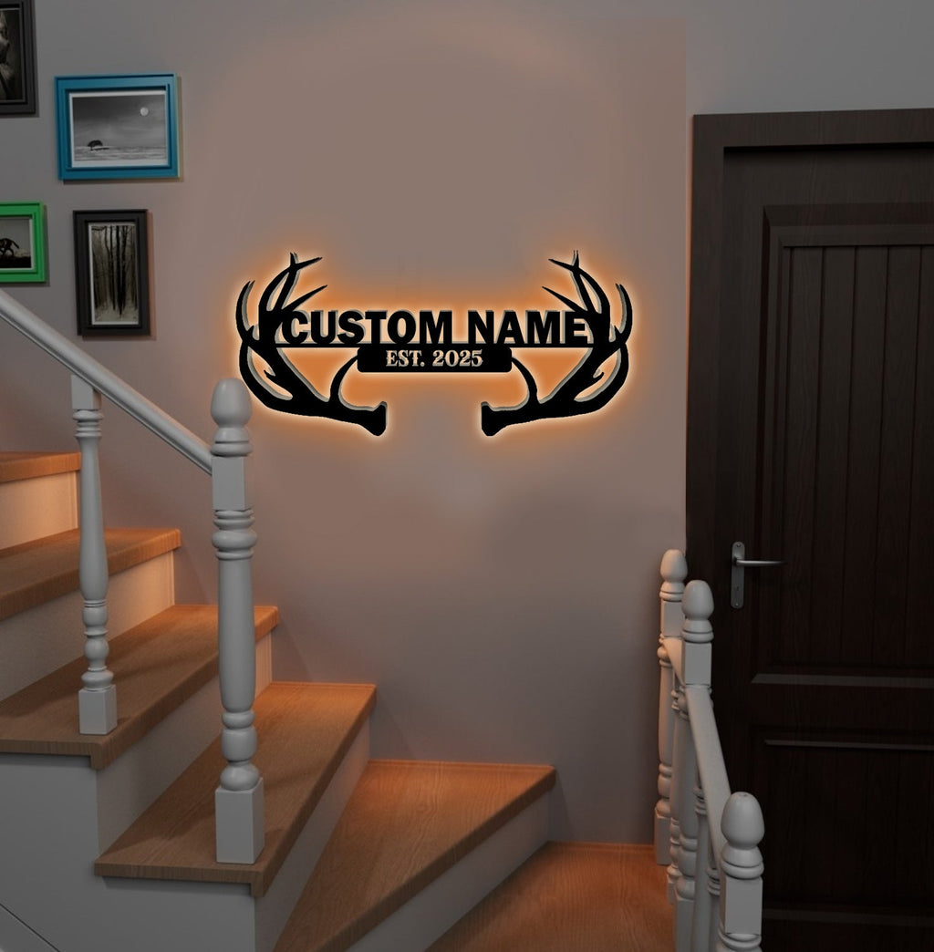 Personalized Deer Antler Metal Sign WITH LED/WITHOUT LED - Rustic Cabin Name Sign