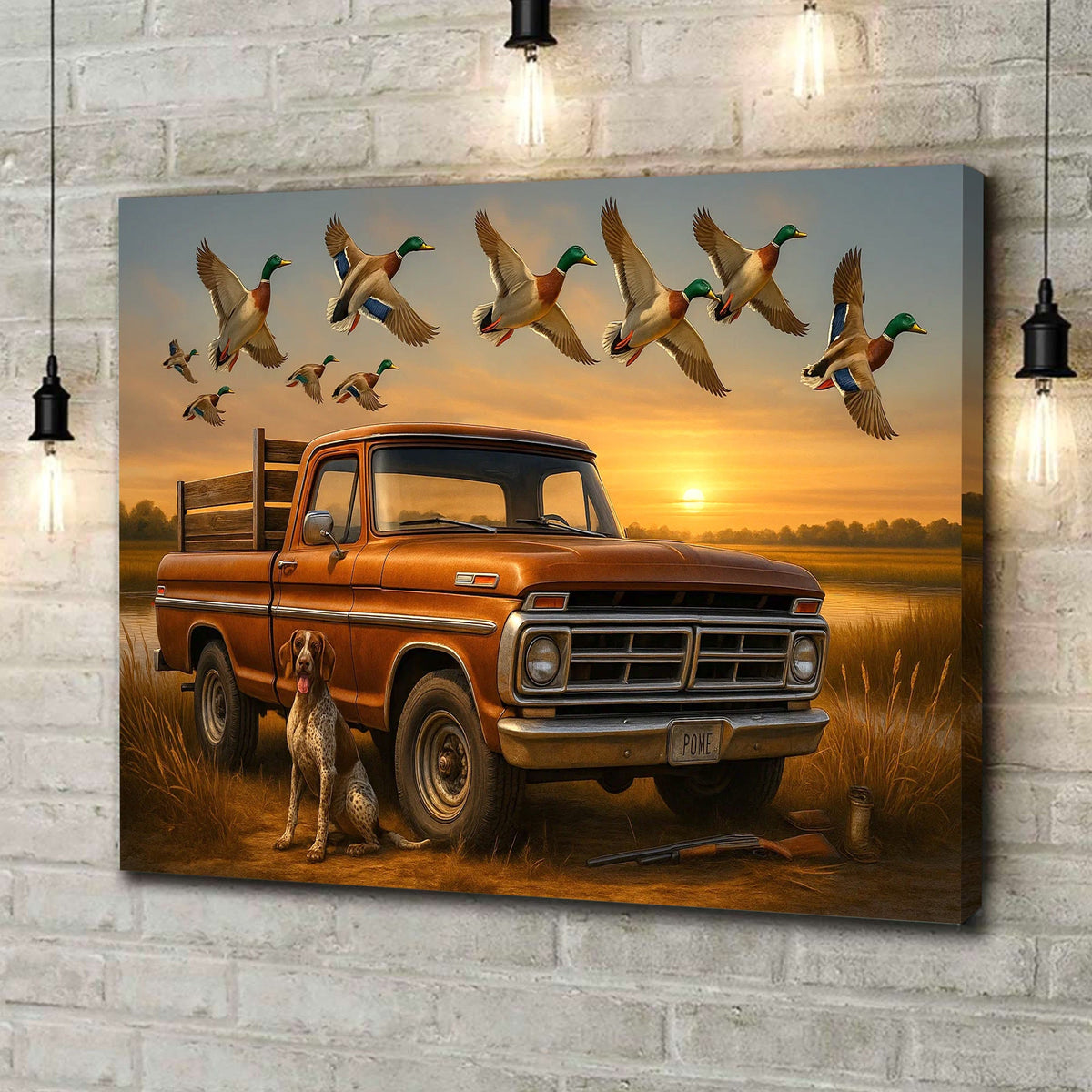 Rustic Hunting Canvas Wall Art – Vintage Pickup Truck with Hunting Dog & Flying Mallard Ducks at Sunset