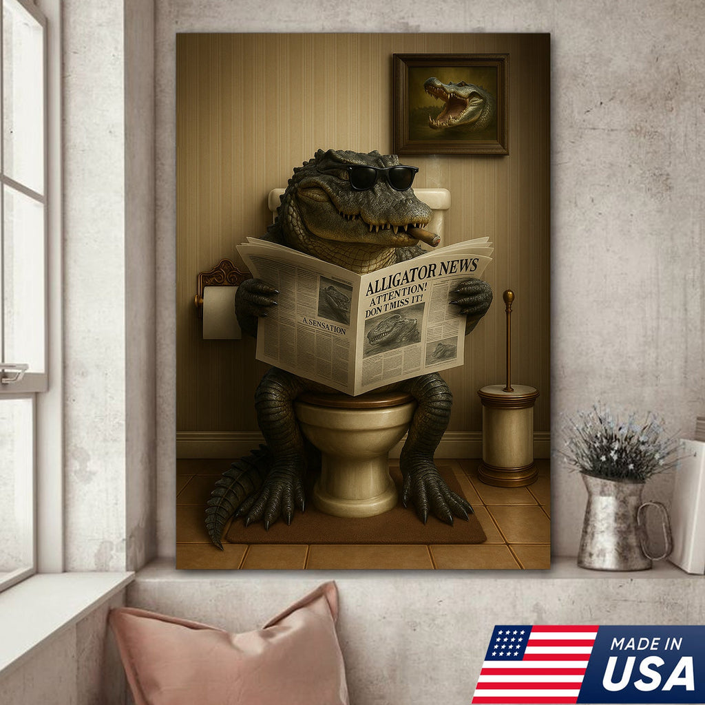Funny Alligator Bathroom Smoking Canvas Wall Art – Unique Rustic Wildlife Lodge Decor & Gift Idea