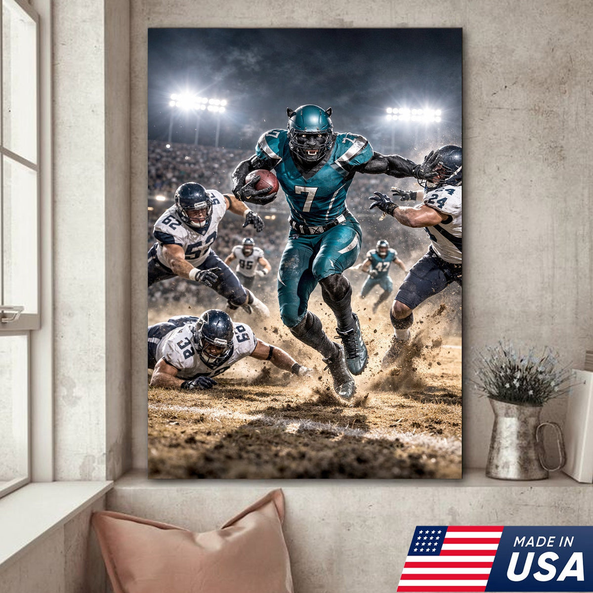 Black Panther Football Canvas Wall Art – Intense Stadium Action Sports Print