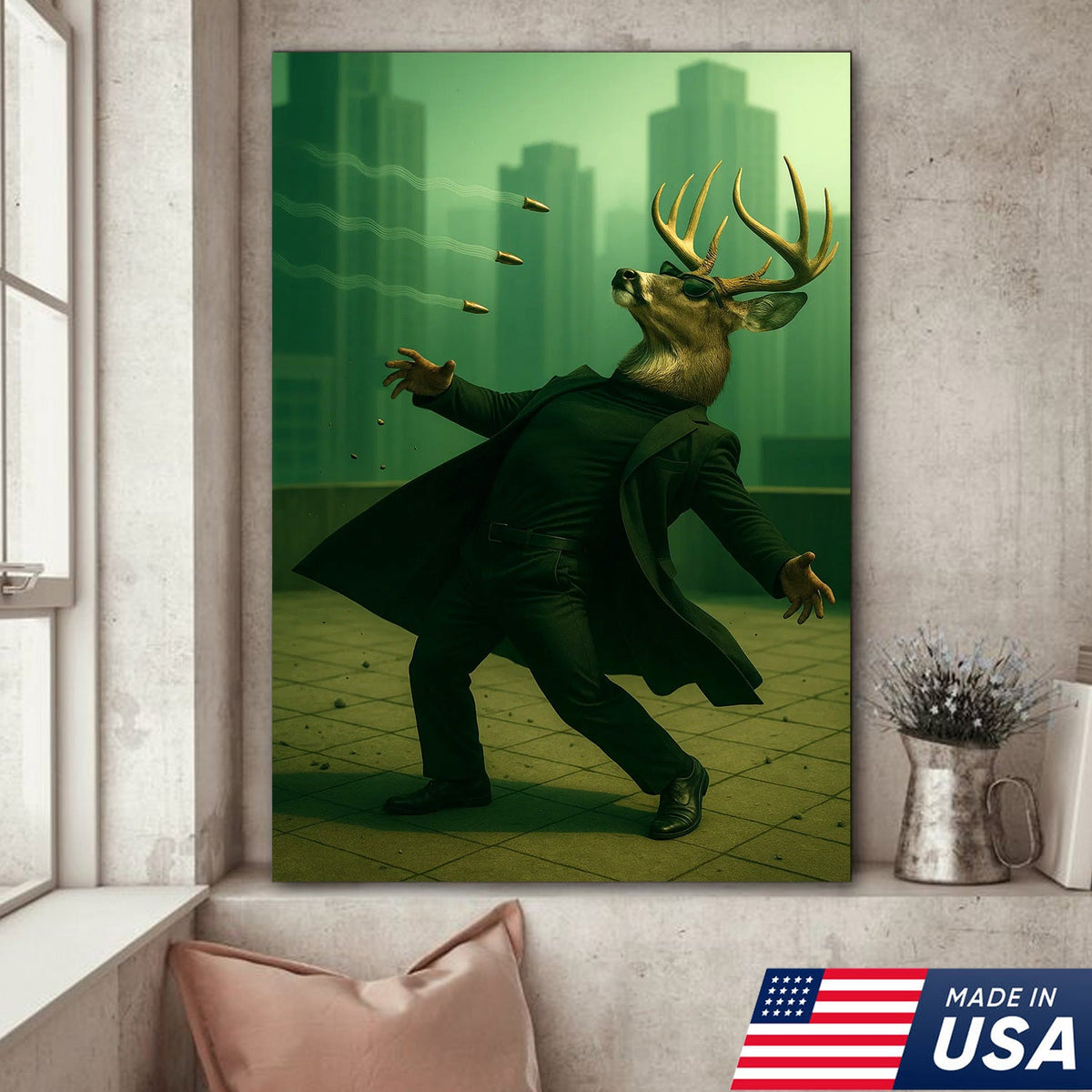 Cool Deer Wall Art Canvas, Buck Dodging Bullets in Long Coat product image 1