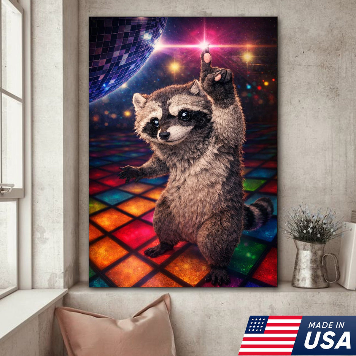 Disco Raccoon Wall Art Canvas Print, Funny Dancing Animal Illustration