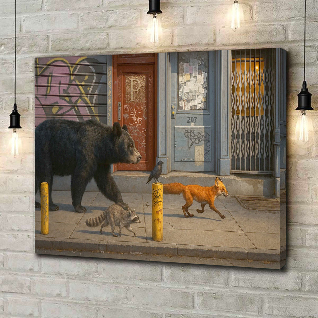 Urban Wildlife Parade Canvas Wall Art, Bear Fox Raccoon Crow Street Scene, Graffiti City Decor