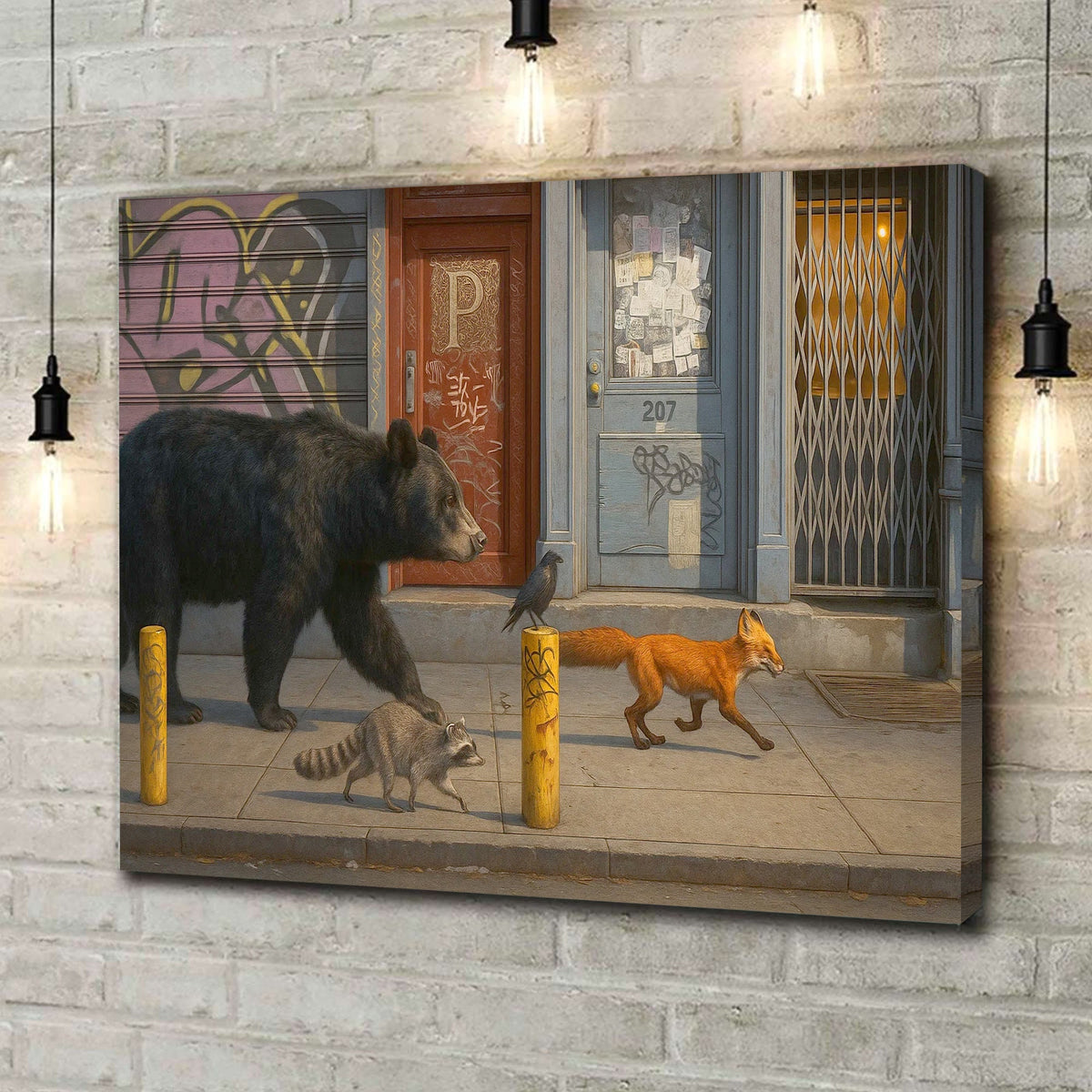 Urban Wildlife Parade Canvas Wall Art, Bear Fox Raccoon Crow Street Scene, Graffiti City Decor