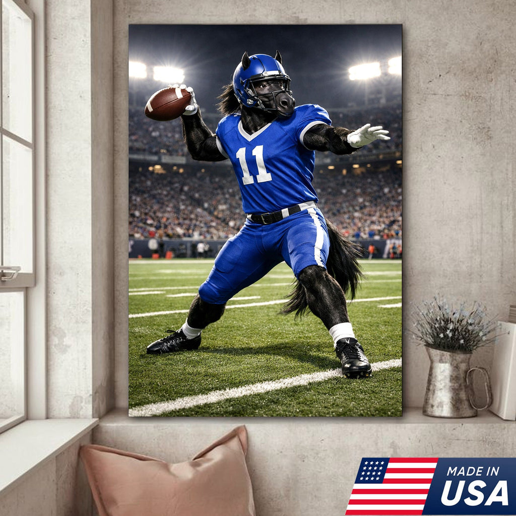 Power Stallion Quarterback Canvas Wall Art – Blue Uniform Horse Athlete Action Print