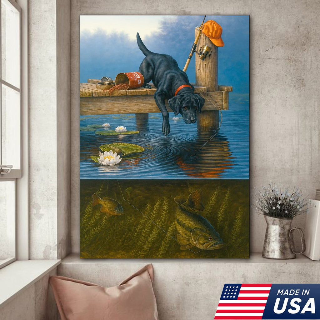 Black Lab Fishing Dock Canvas Wall Art, Lake House Decor, Bass Fish Underwater Split View