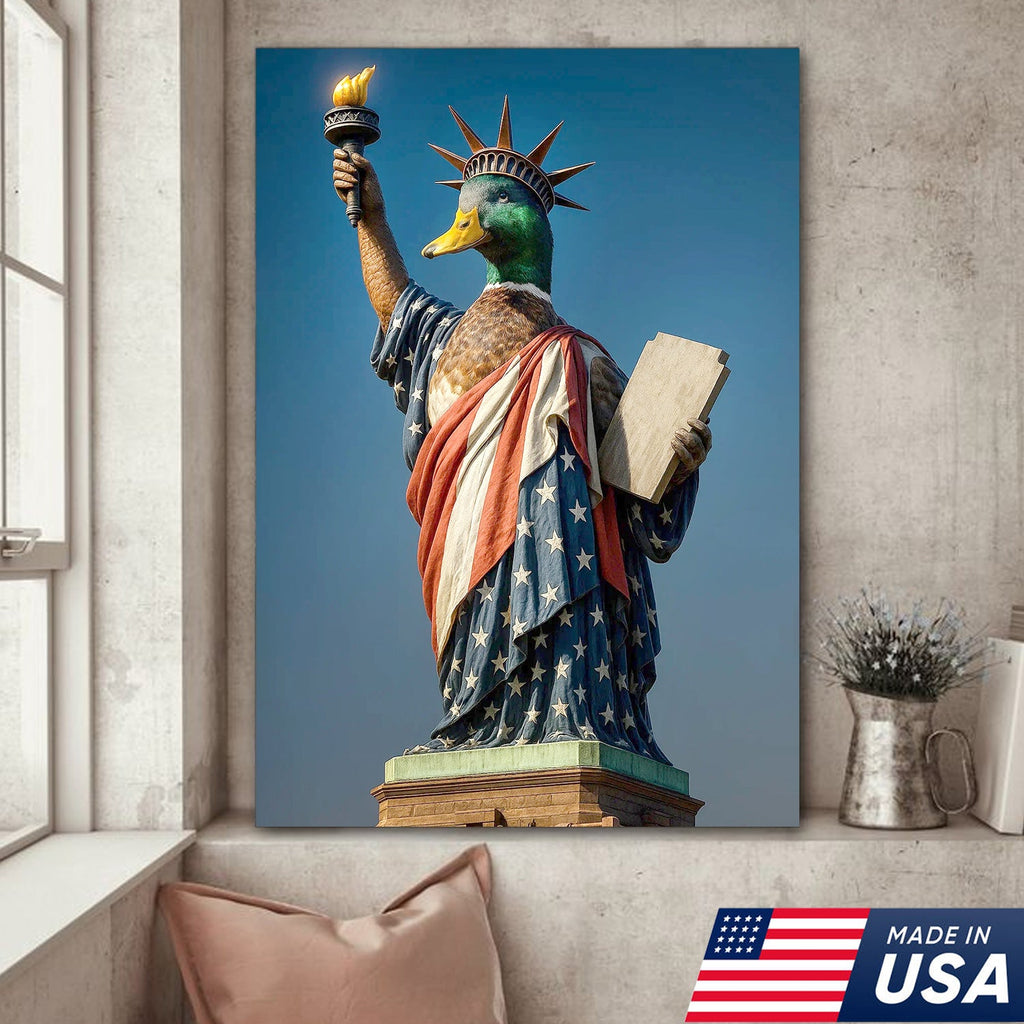 Duck of Liberty Canvas Wall Art, Funny Patriotic Duck Statue Artwork