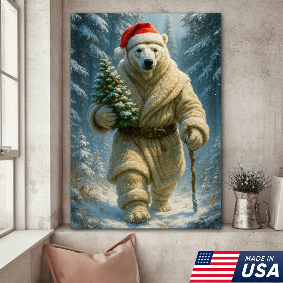 Polar Bear Santa Christmas Canvas – Funny Holiday Wall Art Gift for Hunters & Animal Lovers