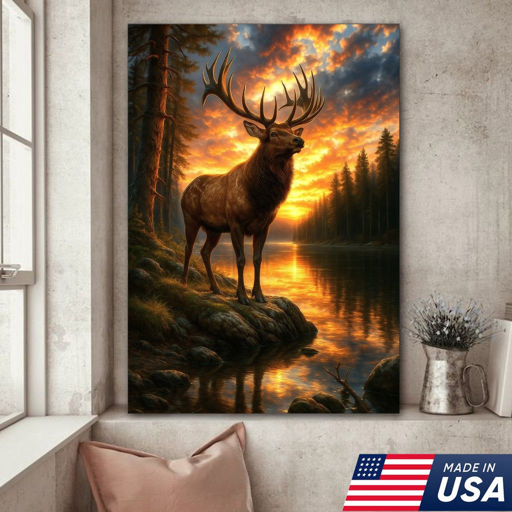 Majestic Elk at Sunset By The Lake Canvas– Wildlife Wall Art for Cabin, Lodge & Nature Lovers