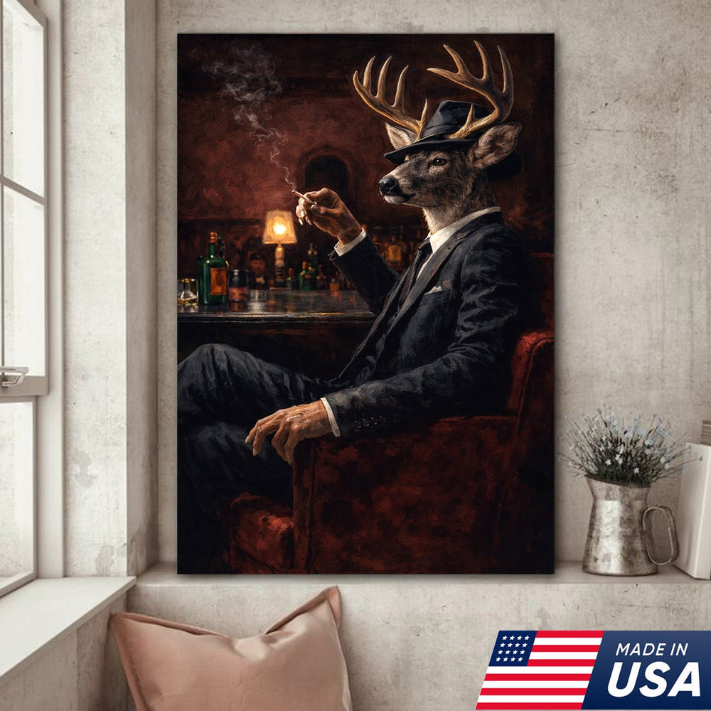 Gentleman Deer Smoking Wall Art, Vintage Deer in Suit Canvas
