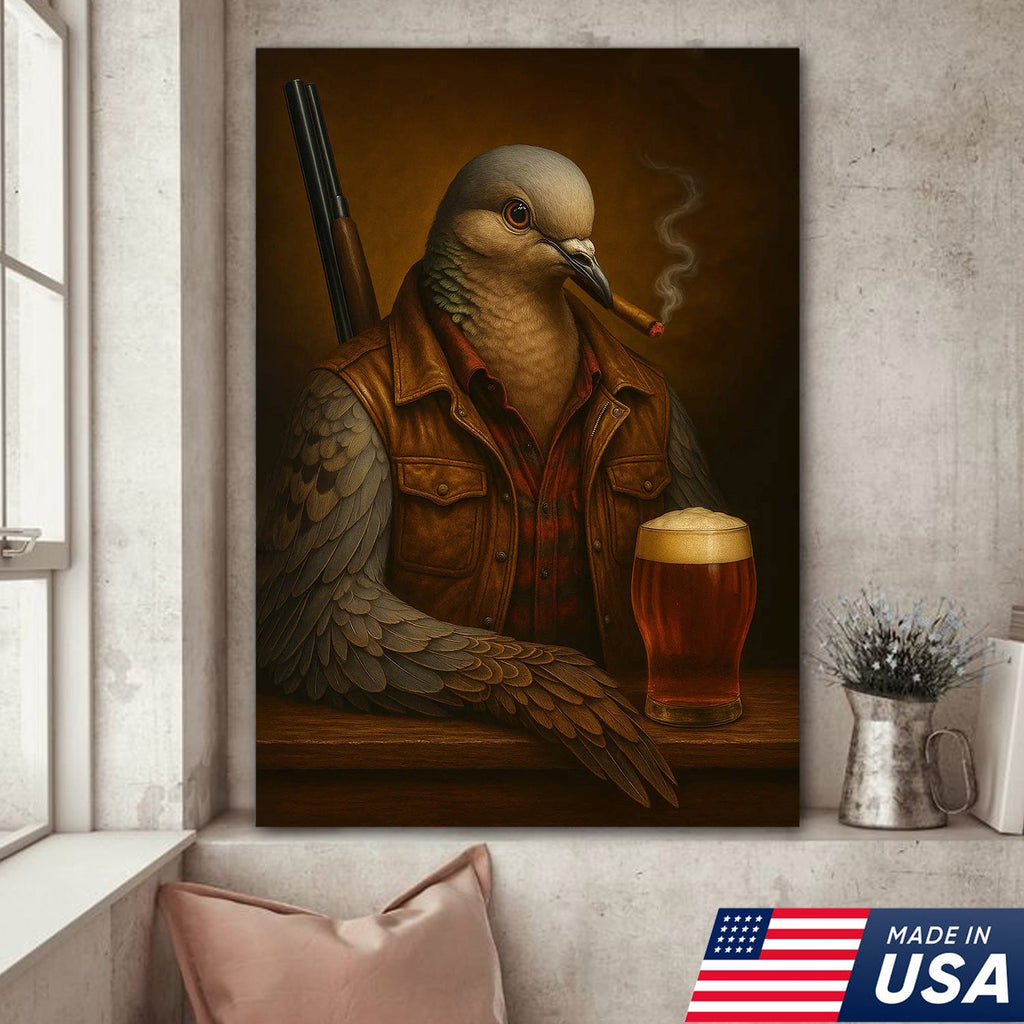 Mourning Dove Canvas Wall Art – Surreal Hunter Portrait with Beer Glass, Rustic Lodge Decor