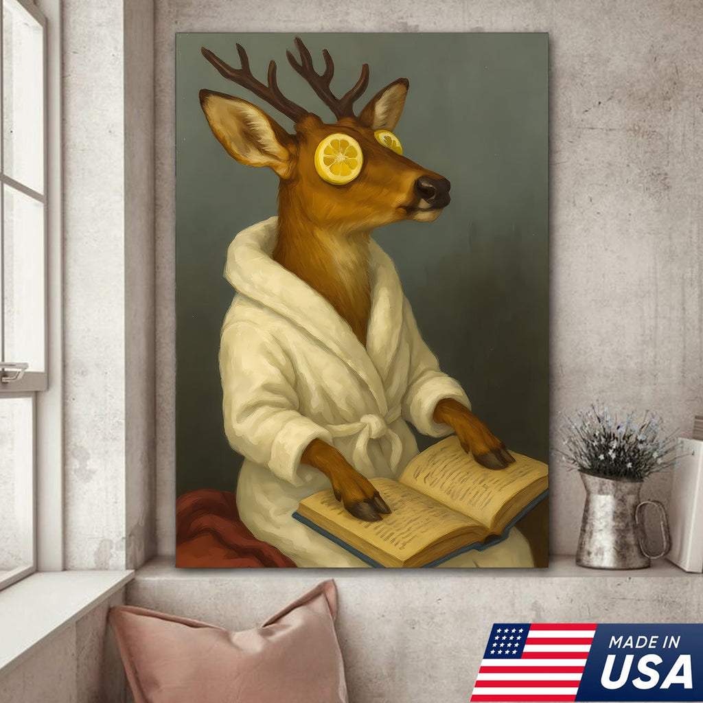 Funny Deer Spa Portrait Wall Art – Relaxing Deer With Lemon Eyes, Whimsical Animal Painting