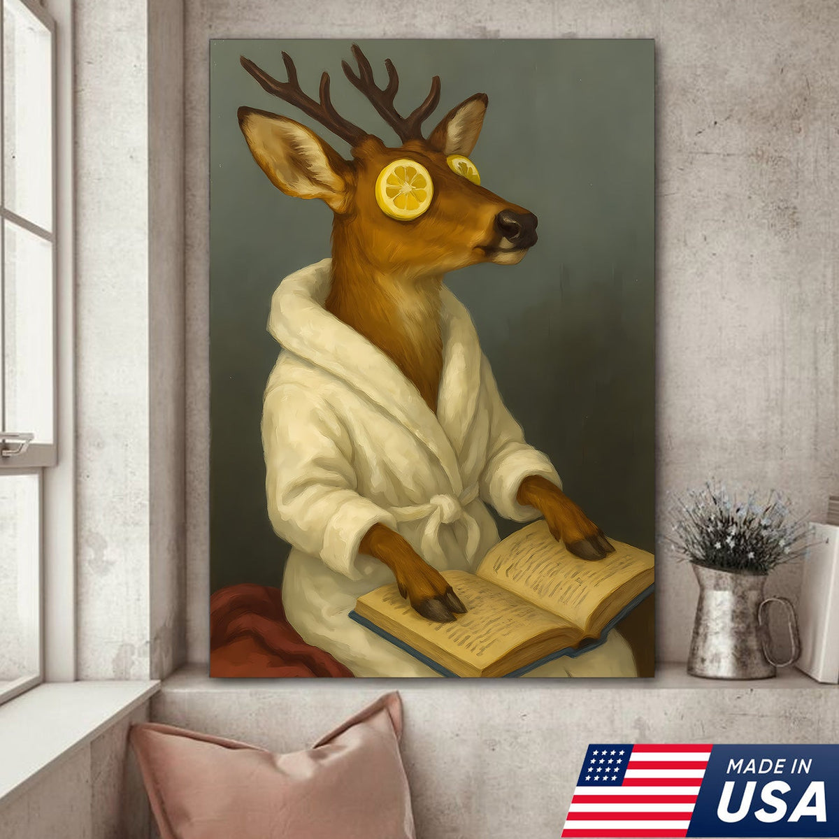 Funny Deer Spa Portrait Wall Art – Relaxing Deer With Lemon Eyes, Whimsical Animal Painting