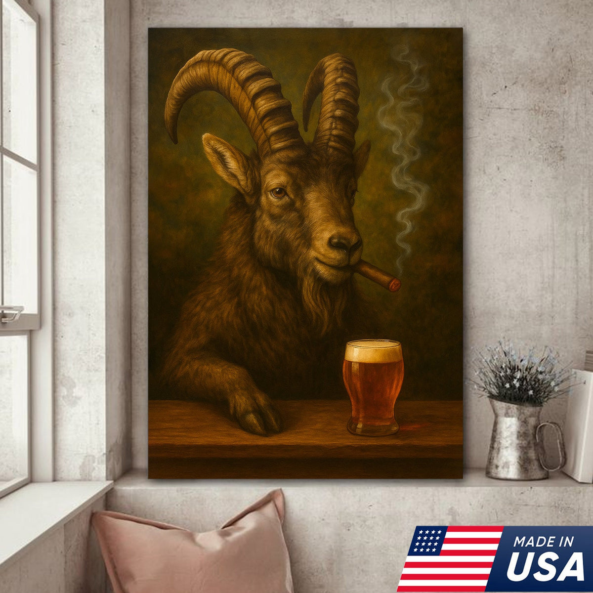 Funny Mountain Goat Smoking & Beer Canvas Wall Art - Hunting Perfect Gift for Hunters