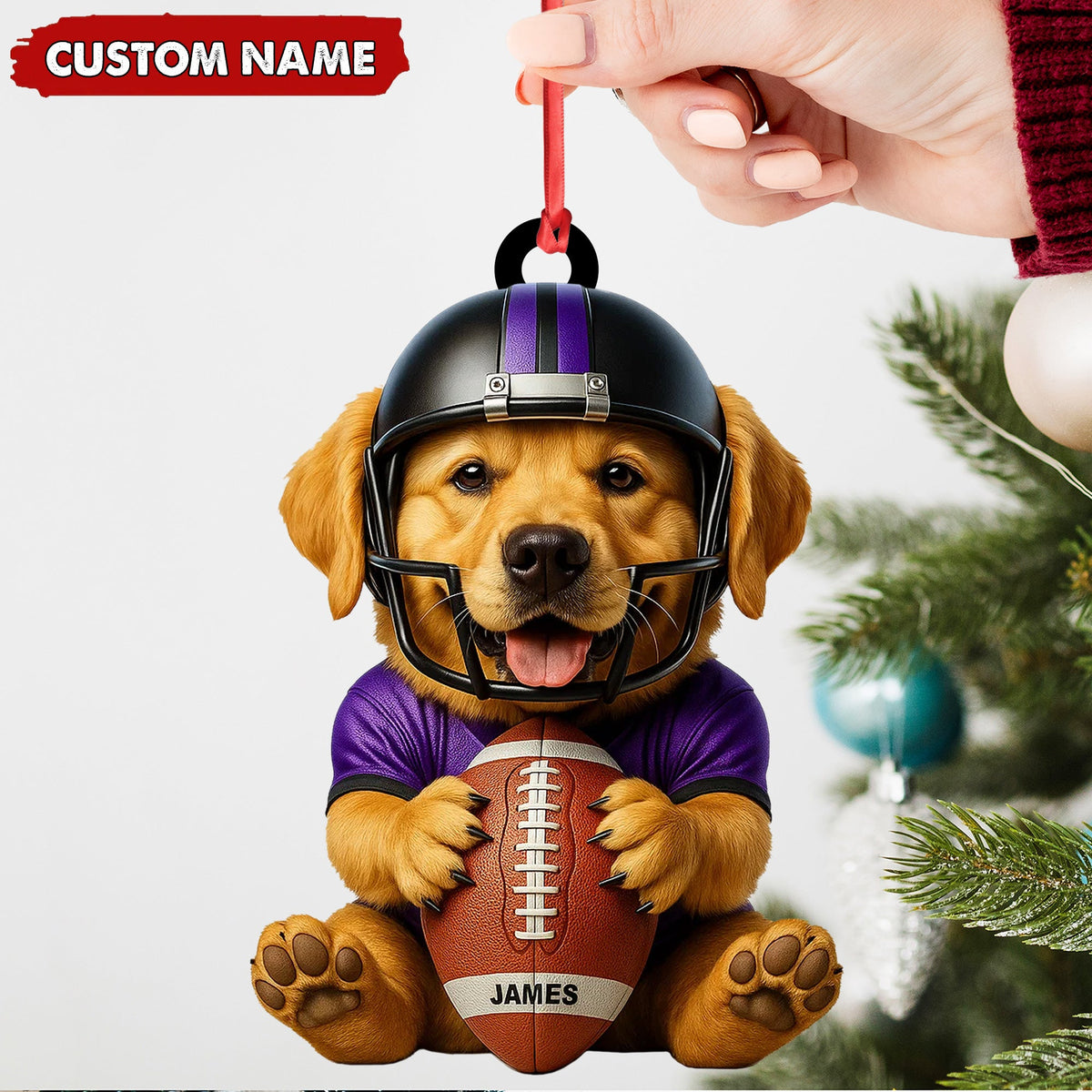 Personalized Football Puppy Christmas Ornament, Custom Name Dog in Helmet Holding Ball, Cute Pet Lover Tree Decoration